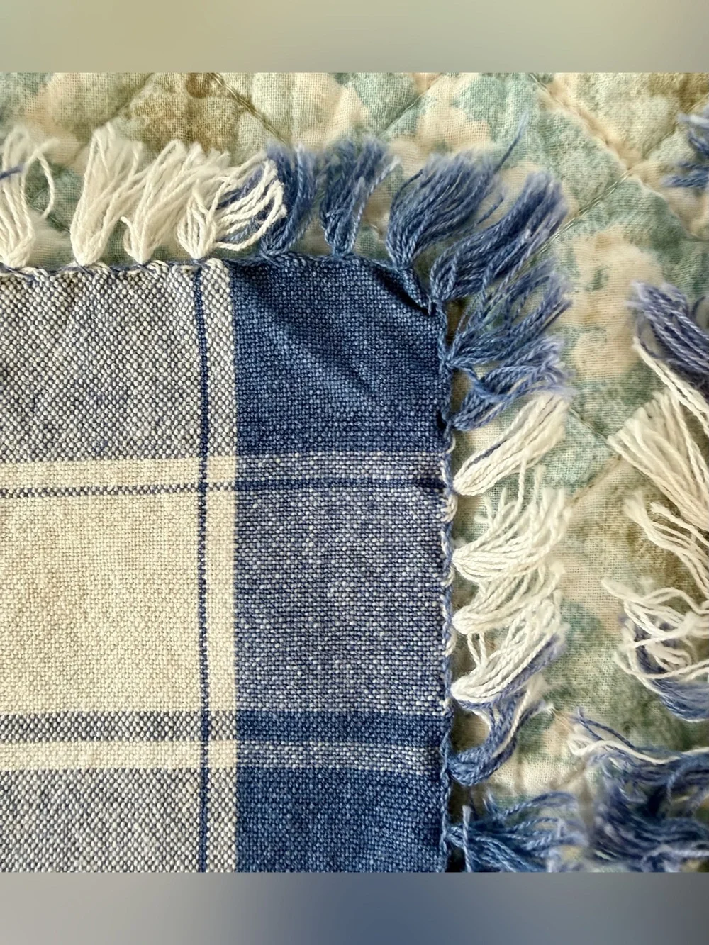 TWO Blue & White Plaid Cotton Napkins w/a Checked Pattern and a Fringed Border